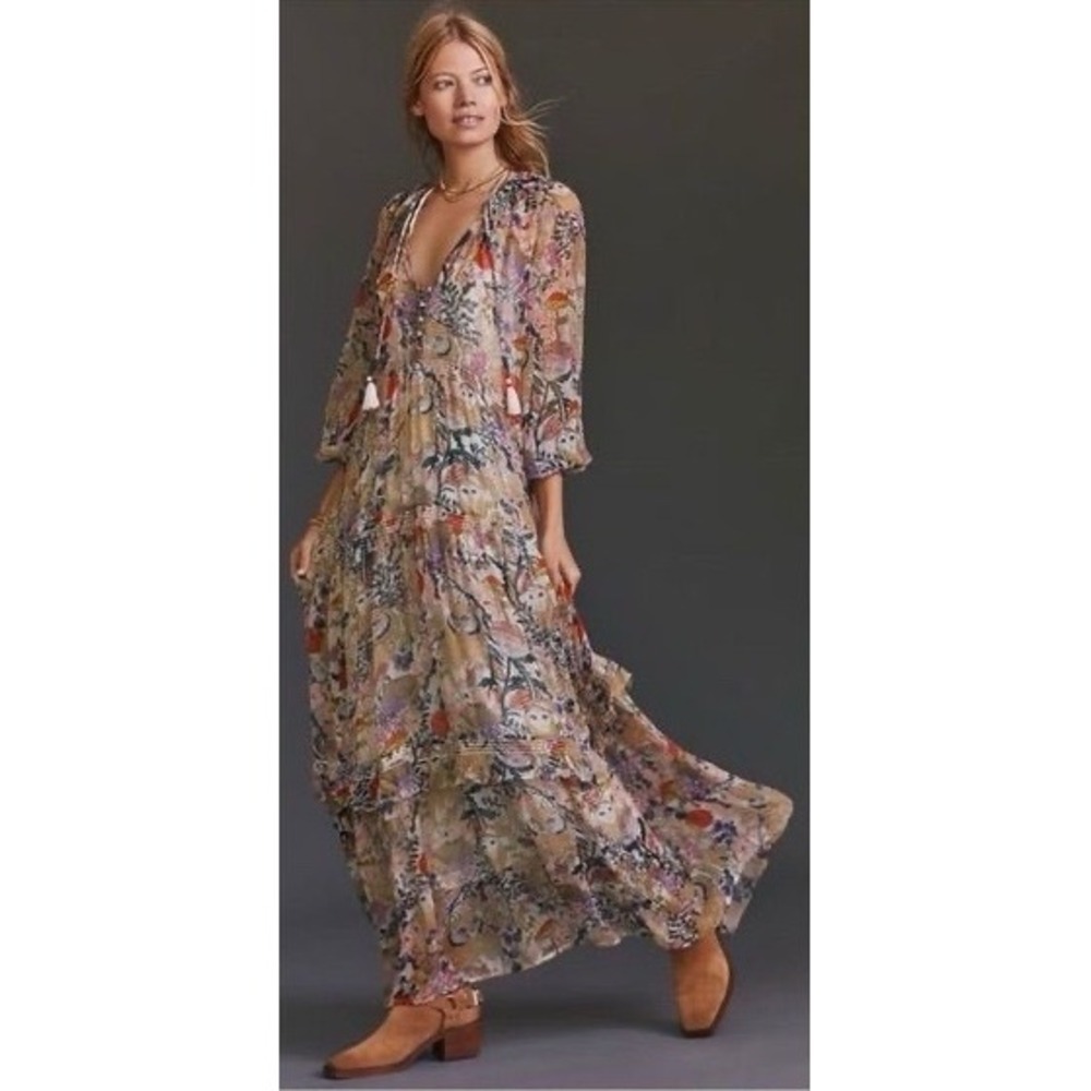 Anthropologie Marais Maxi Dress M Woodland Owl Mushroom Flowy Tiered Smocked